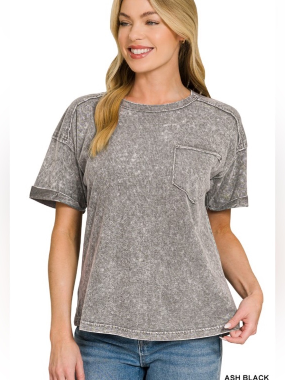 Zenana Halo Snow Washed Relaxed Fit Pocket Tee, Ash Black